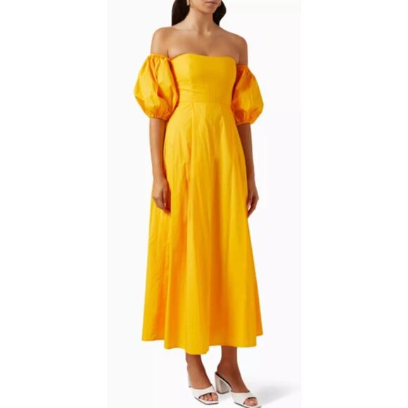 Bird & Knoll Ziggy Midi Dress Yellow Cotton Off The Shoulder Shift Puff Sleeves - Picture 1 of 13
